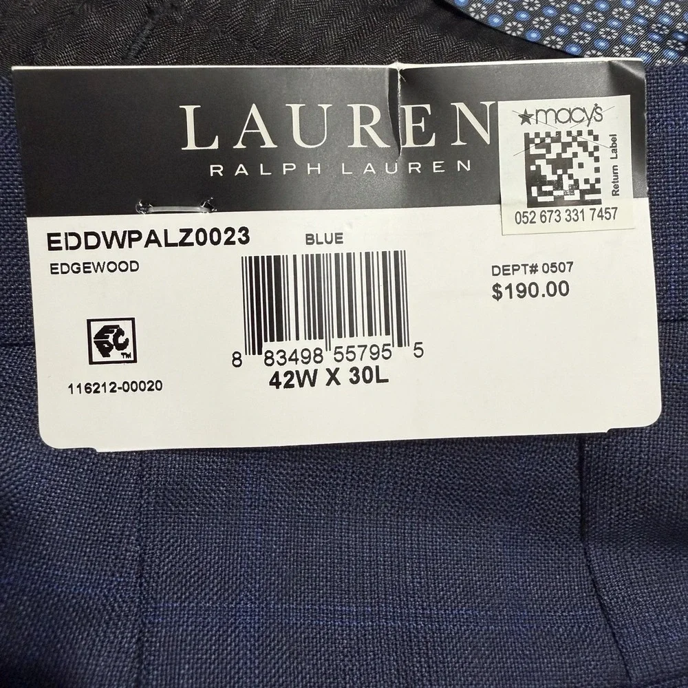 Lauren Ralph Lauren Classic Fit Suit Trouser Mens 42 X 30 Navy Ultra Flex NWT